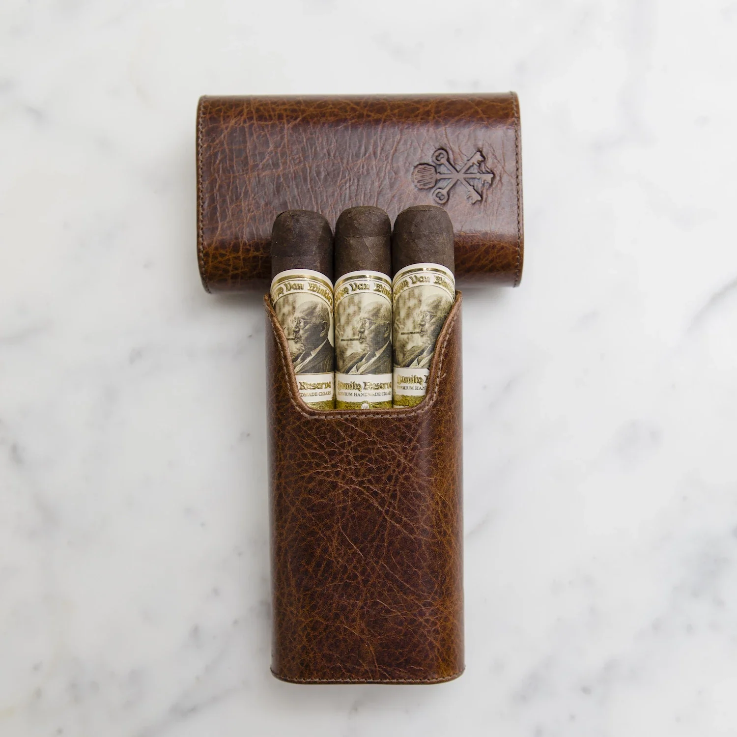 Custom "Show Band" 3-Cigar Case Made with Antique Saddle Brown Leather and Walnut Wood - Image 11
