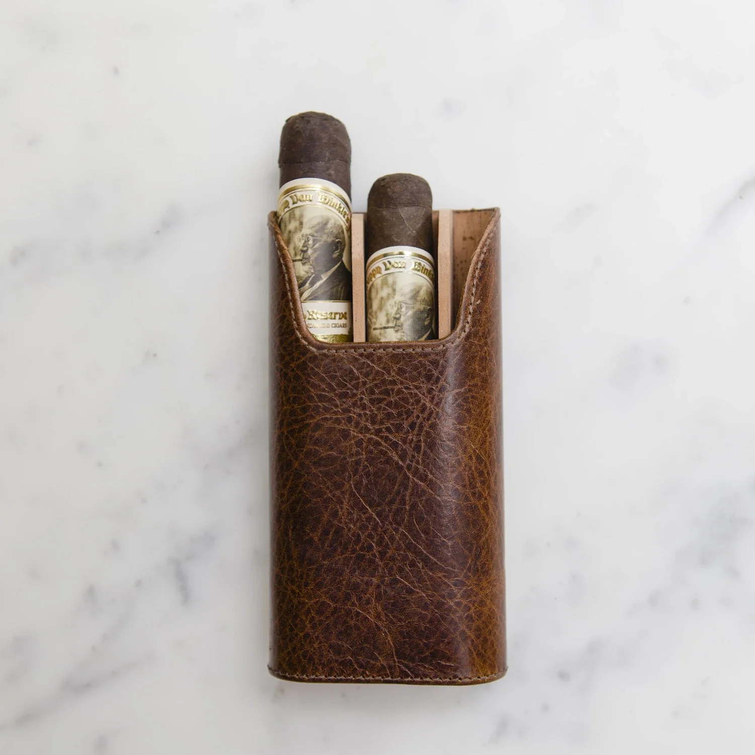 Custom "Show Band" 3-Cigar Case Made with Antique Saddle Brown Leather and Walnut Wood - Image 12