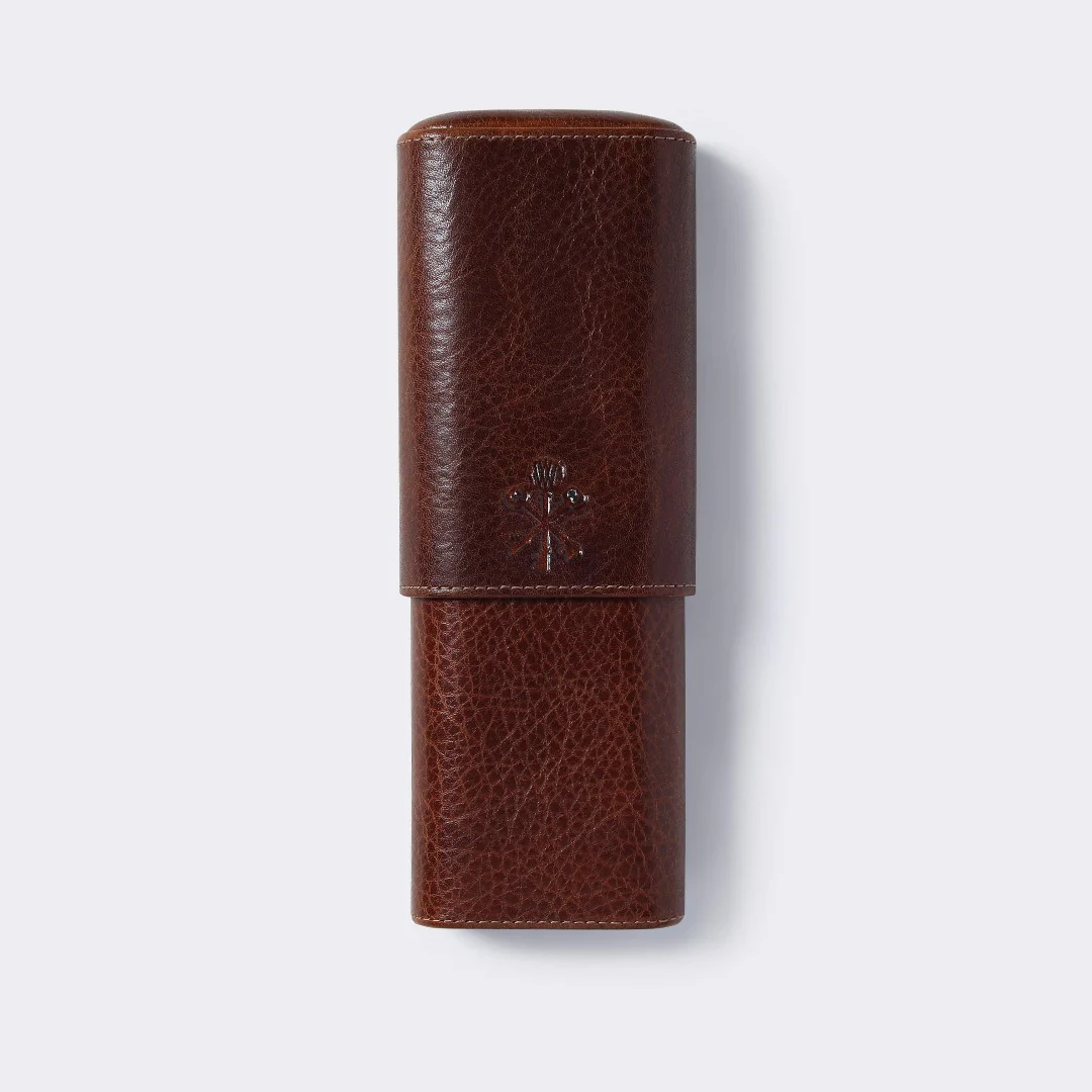 Custom "Show Band" 3-Cigar Case Made with Antique Saddle Brown Leather and Walnut Wood - Image 3