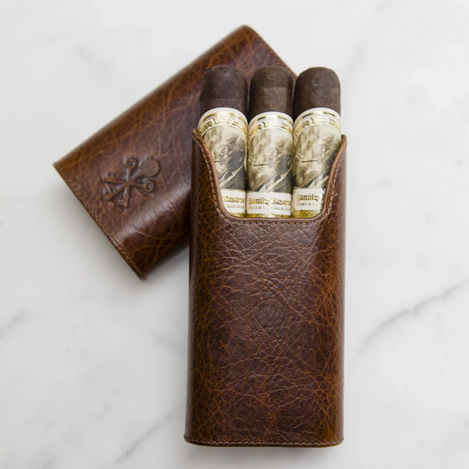 Custom "Show Band" 3-Cigar Case Made with Antique Saddle Brown Leather and Walnut Wood - Image 5