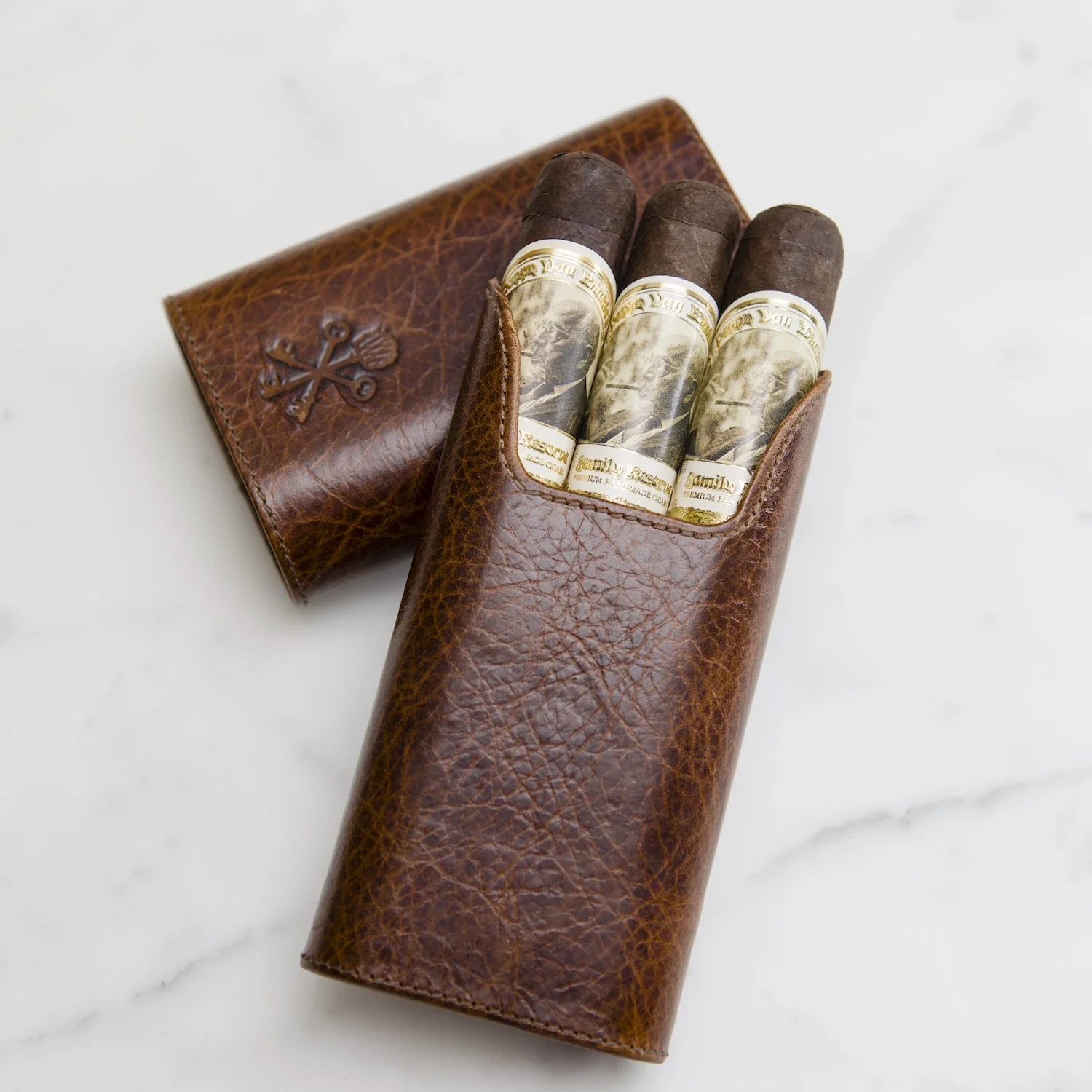 Custom "Show Band" 3-Cigar Case Made with Antique Saddle Brown Leather and Walnut Wood - Image 6