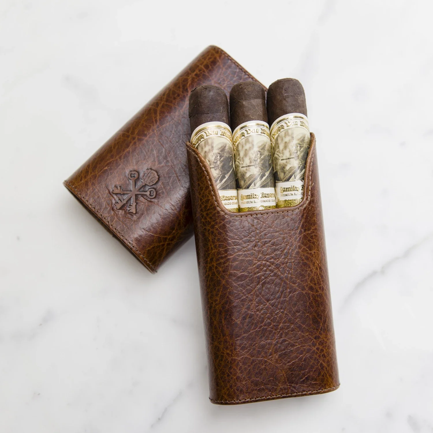 Custom "Show Band" 3-Cigar Case Made with Antique Saddle Brown Leather and Walnut Wood - Image 7