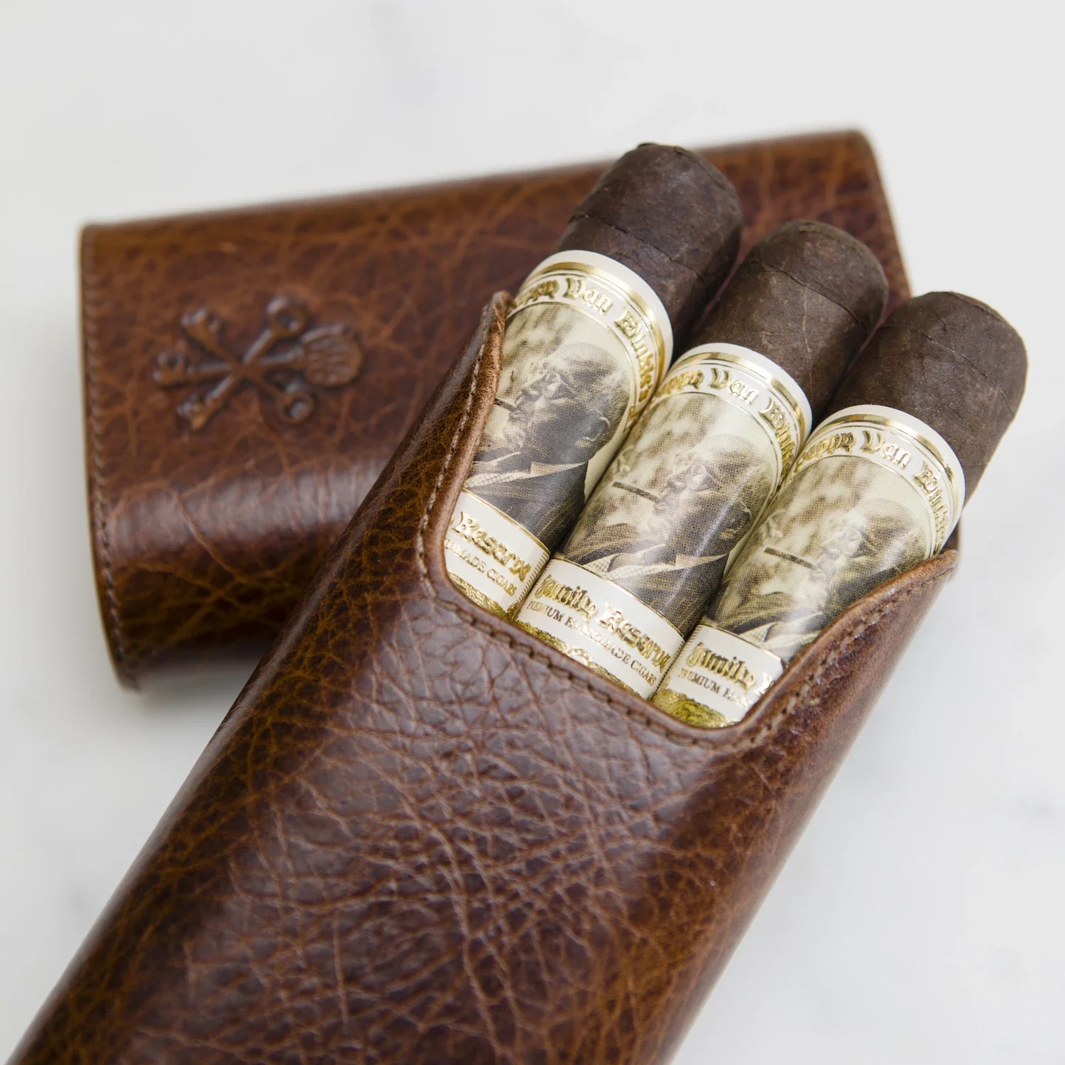 Custom "Show Band" 3-Cigar Case Made with Antique Saddle Brown Leather and Walnut Wood - Image 8