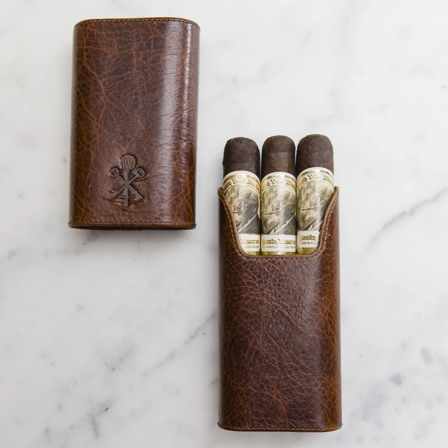 Custom "Show Band" 3-Cigar Case Made with Antique Saddle Brown Leather and Walnut Wood - Image 9